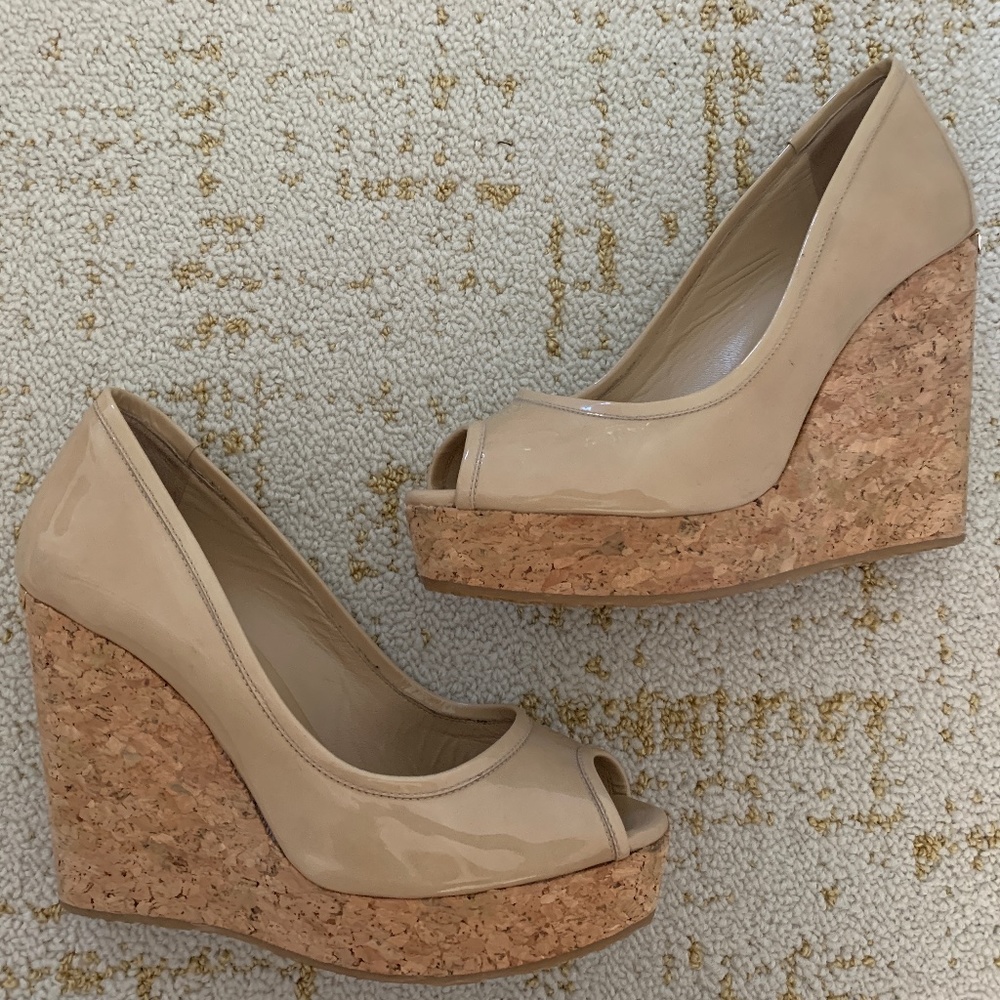 Jimmy Choo Papina Patent Cork Wedge Nude